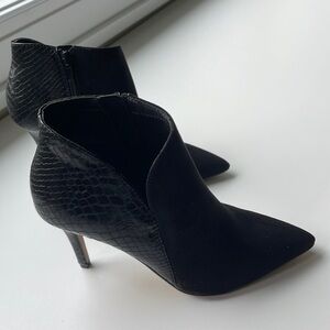 Black suede heel booties from Express